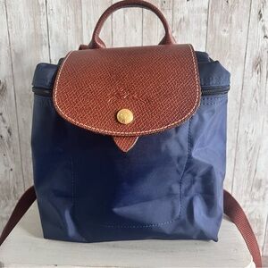 Longchamp Blue and Brown Leather Backpack